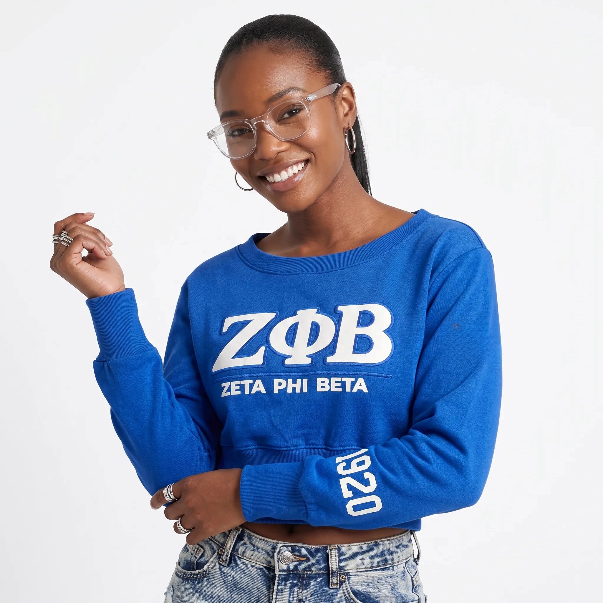 Zeta Phi Beta Embroidered Patch Off-Shoulder Cropped Sweatshirt Blue