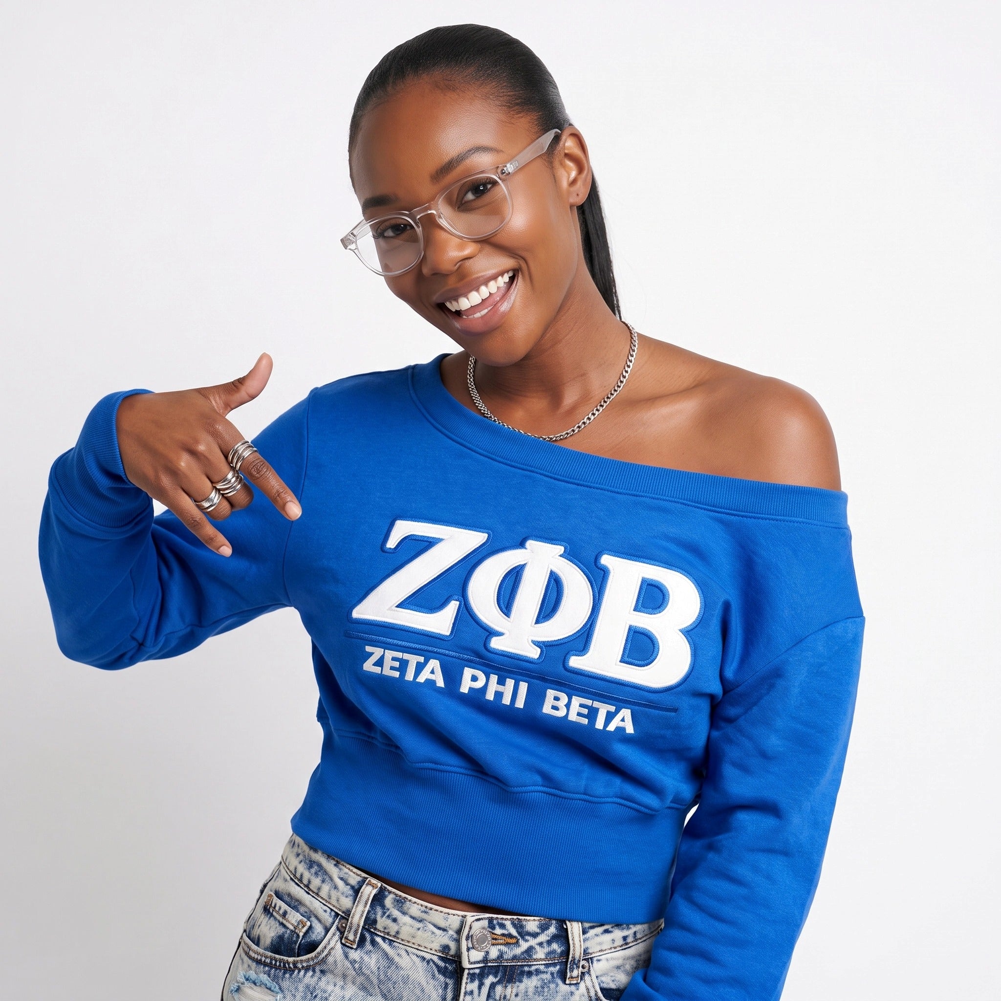 Zeta Phi Beta Embroidered Patch Off-Shoulder Cropped Sweatshirt Blue