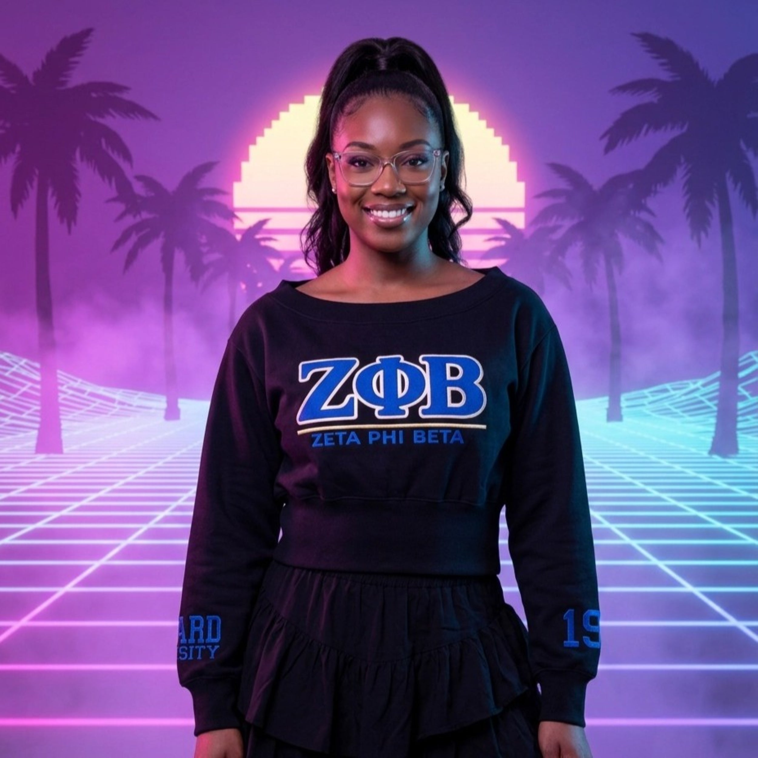 Zeta Phi Beta Embroidered Patch Off-Shoulder Cropped Sweatshirt Black