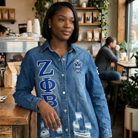Zeta Phi Beta Embroidered Letters Distressed Denim Jacket Winters Industries