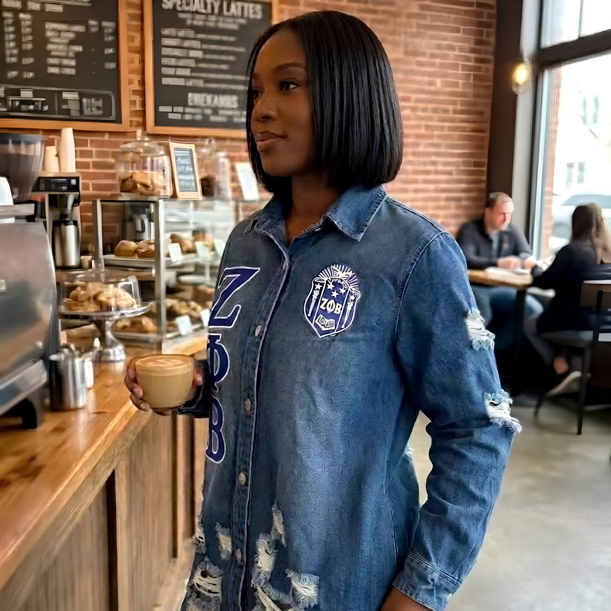 Zeta Phi Beta Embroidered Letters Distressed Denim Jacket Winters Industries