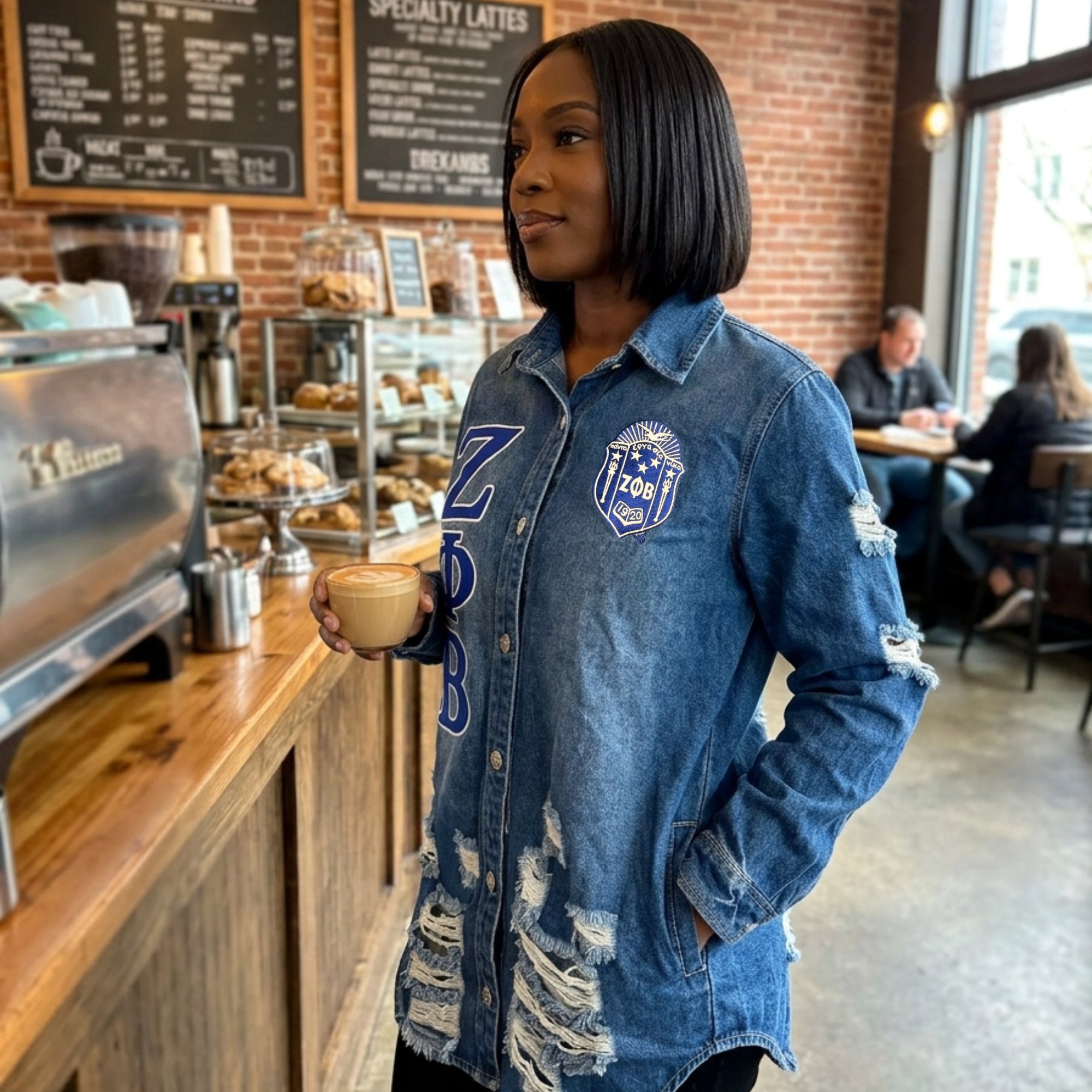 Zeta Phi Beta Embroidered Letters Distressed Denim Jacket Winters Industries