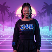Zeta Phi Beta Embroidered Patch Off-Shoulder Cropped Sweatshirt Black Winters Industries