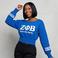 Zeta Phi Beta Embroidered Patch Off-Shoulder Cropped Sweatshirt Blue Winters Industries