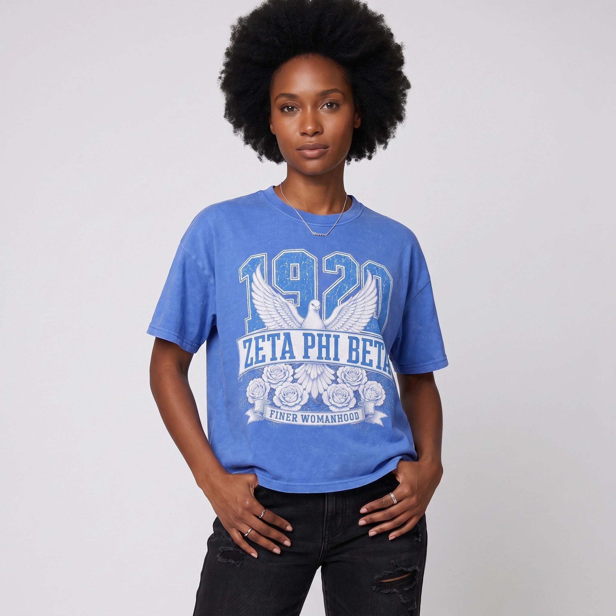 Zeta Phi Beta "Finer Womanhood" Oversized Acid Wash Box Tee Blue Winters Industries
