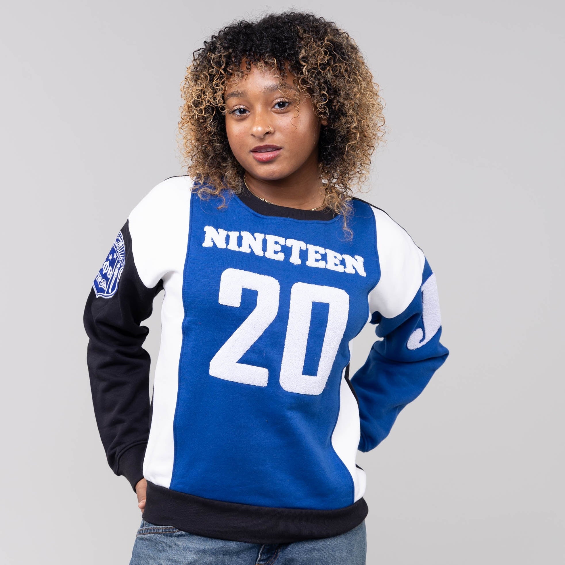 Zeta Phi Beta "J16" Nineteen 20 Chenille and Embroidered Sweatshirt (Blue/White) Shirts Winters Industries by Fully Promoted Mesquite
