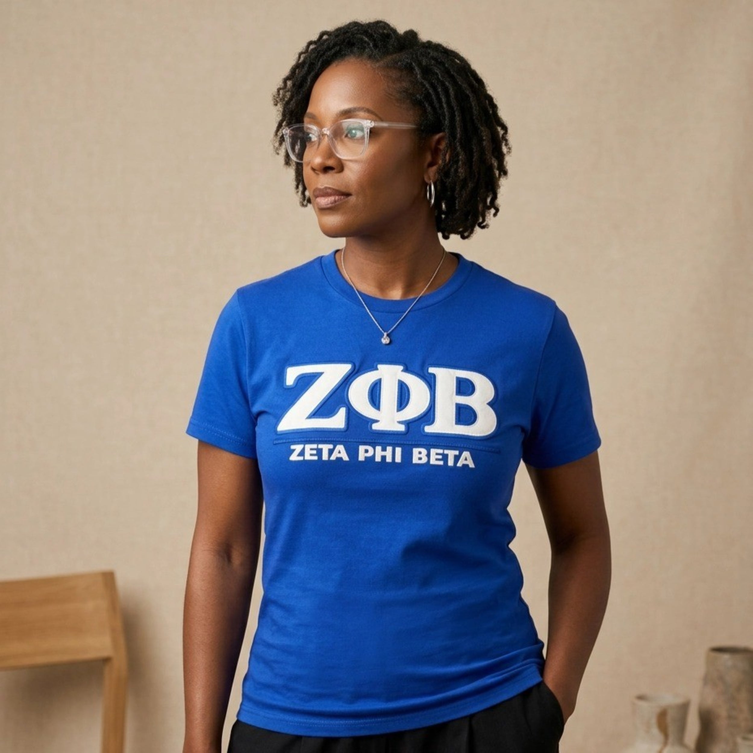 Zeta Phi Beta Letters Embroidered Patch Tee Blue