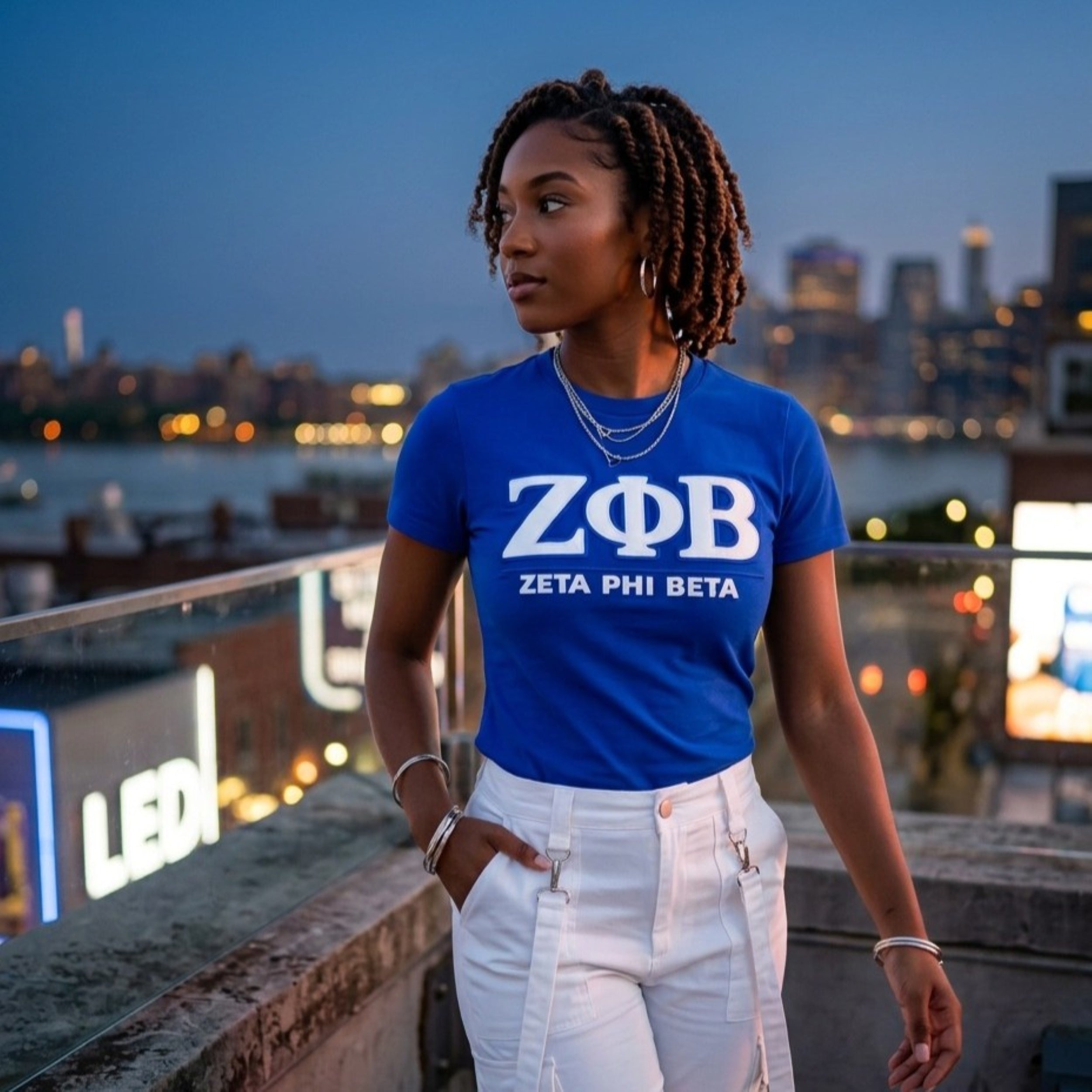Zeta Phi Beta Letters Embroidered Patch Tee Blue