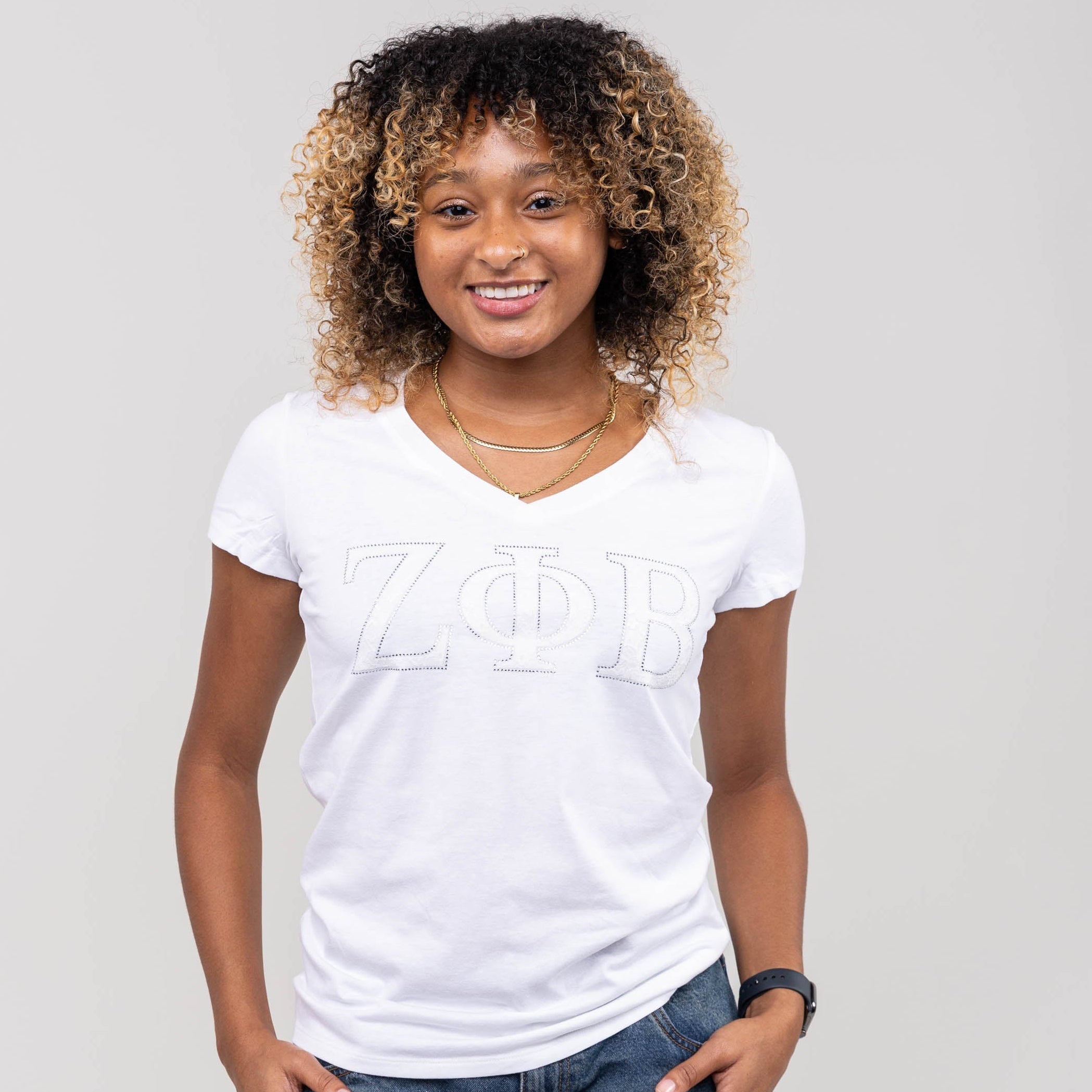 Zeta Phi Beta White Letters White Tee WintersIndustries by Fully Promoted Mesquite Small V-Neck
