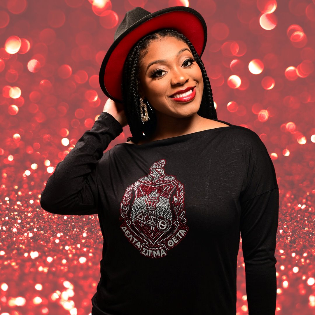 Delta Sigma Theta shield long sleeve off shoulder glitter t-shirt