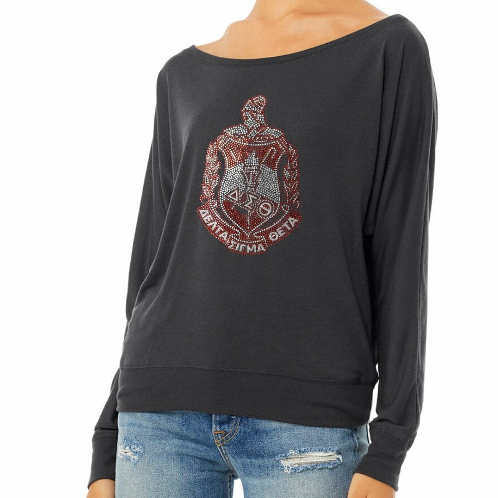 Delta Sigma Theta shield long sleeve off shoulder glitter t-shirt