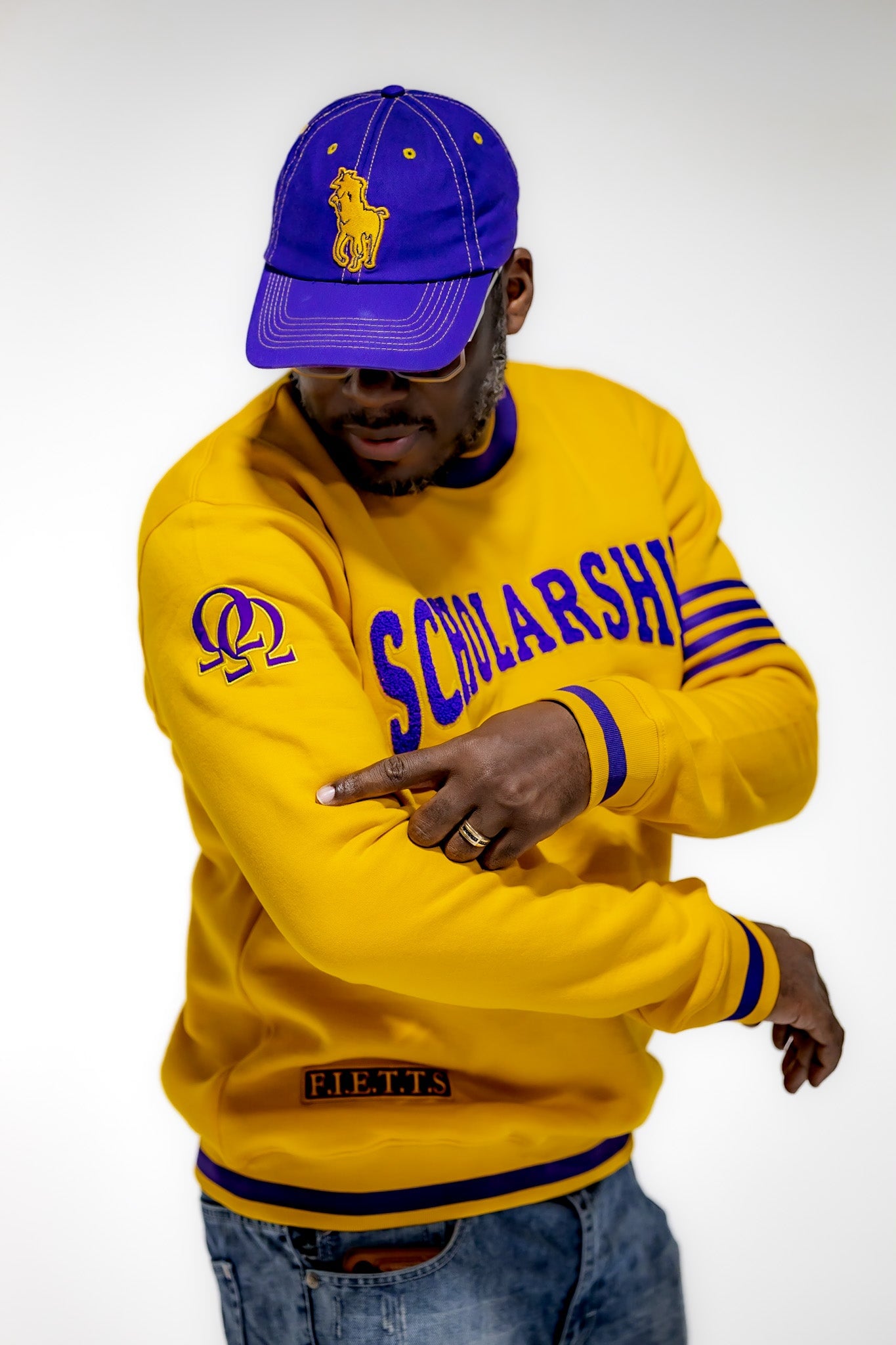 Omega Psi Phi "SCHOLARSHIP" Chenille Sweater Gold