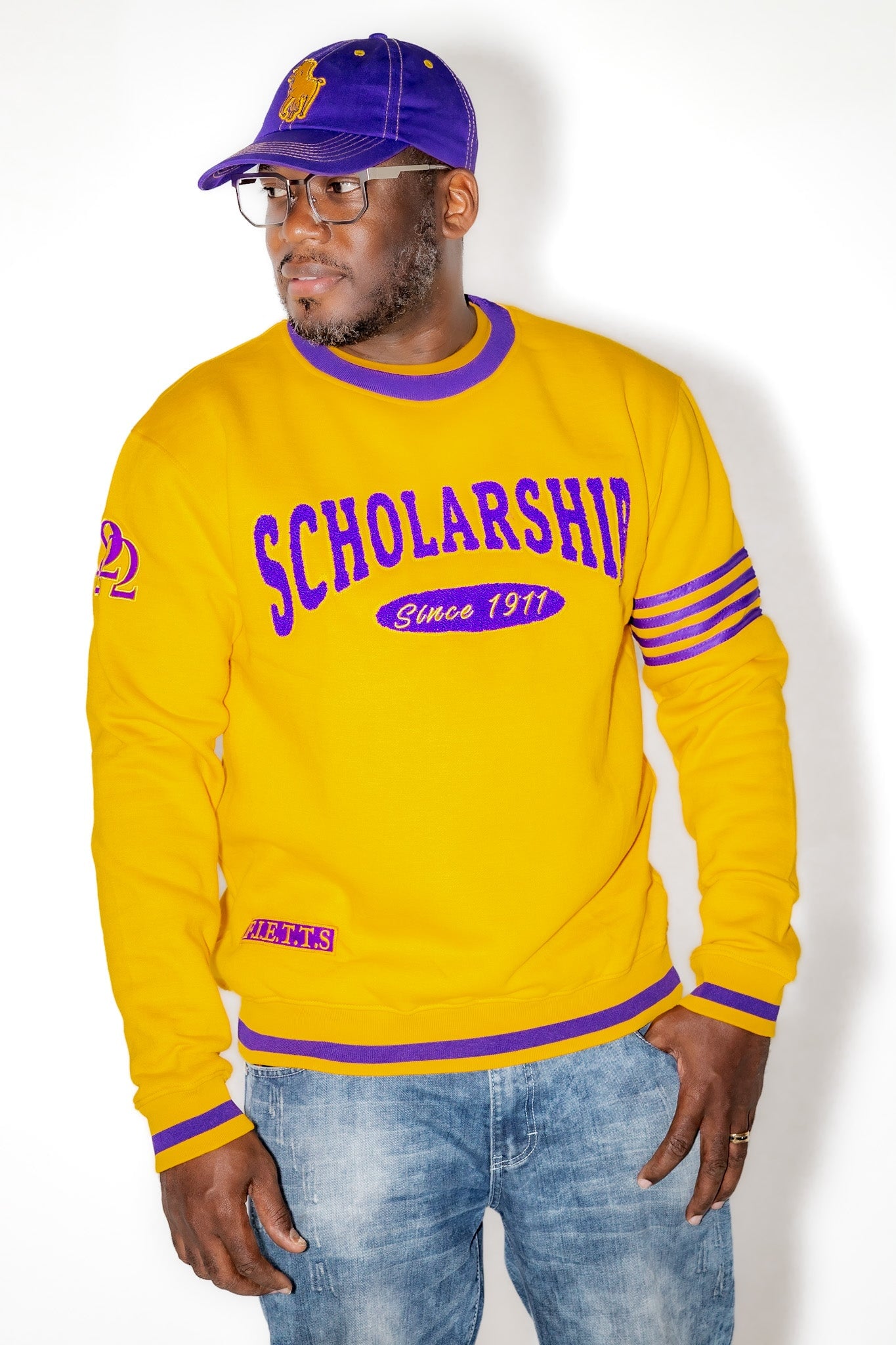 Omega Psi Phi "SCHOLARSHIP" Chenille Sweater Gold