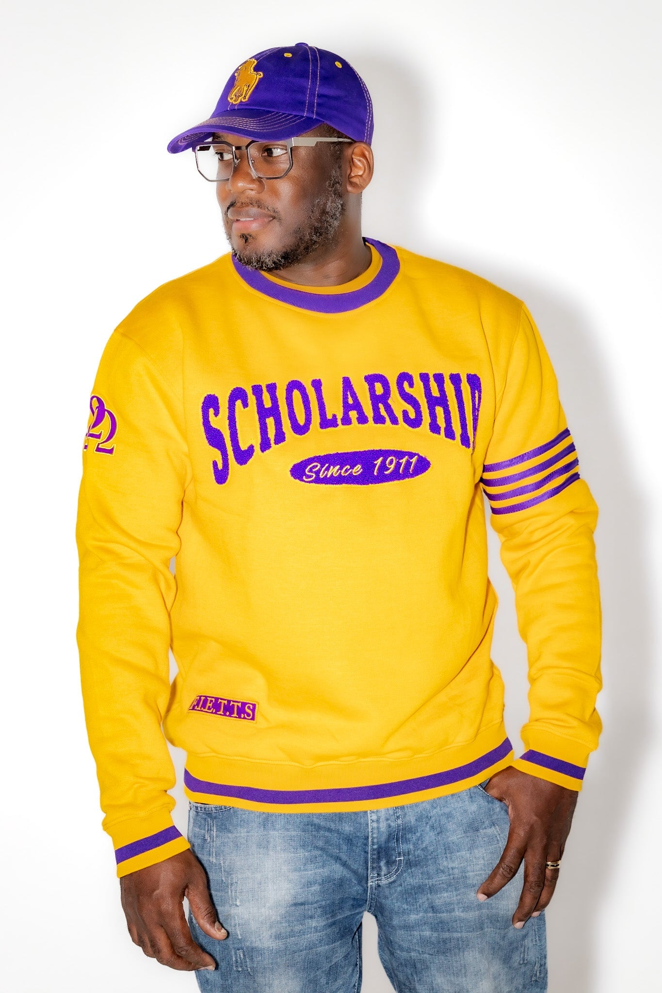 Omega Psi Phi "SCHOLARSHIP" Chenille Sweater Gold