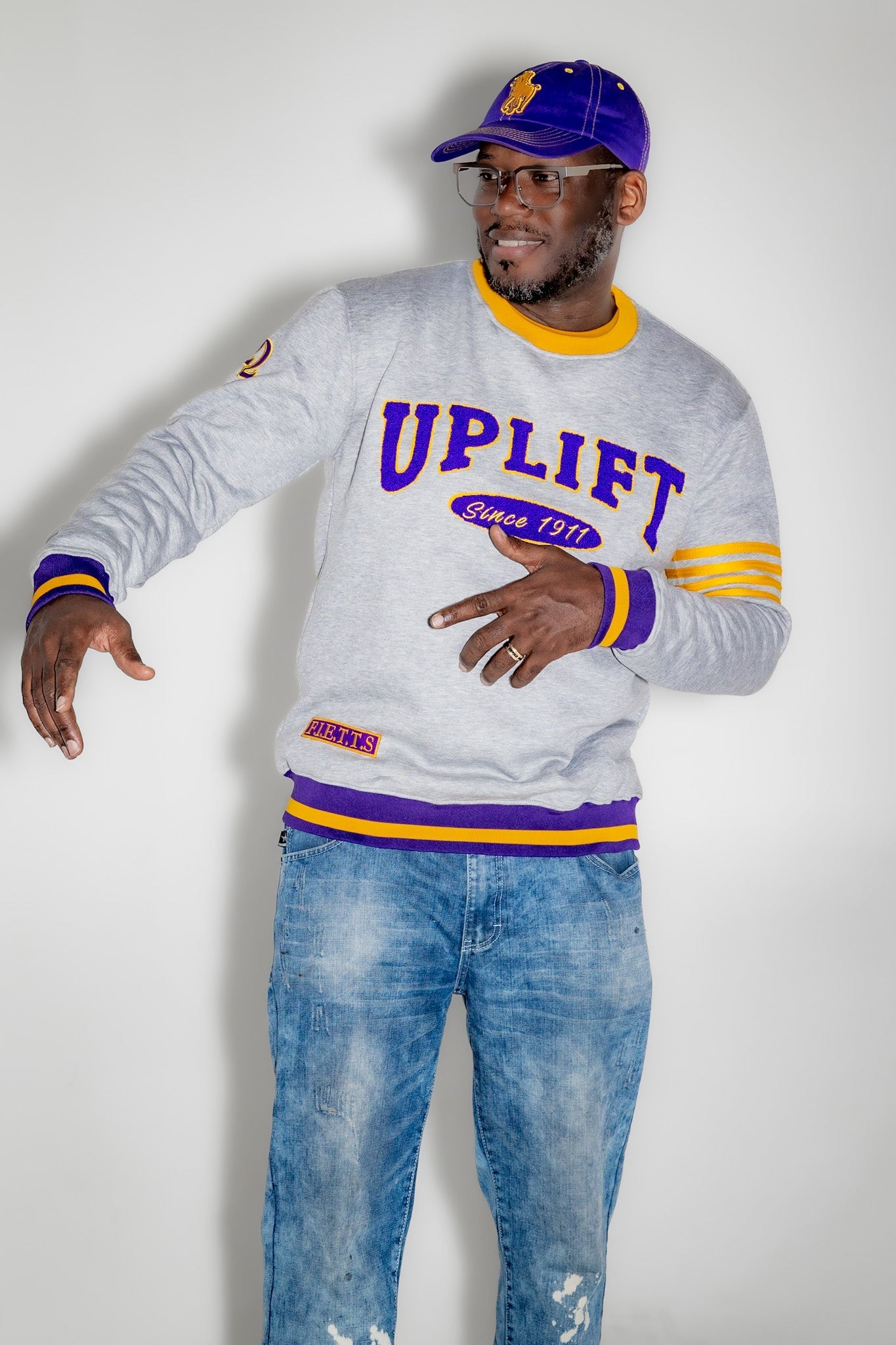Omega Psi Phi "UPLIFT" Chenille Sweater Gray