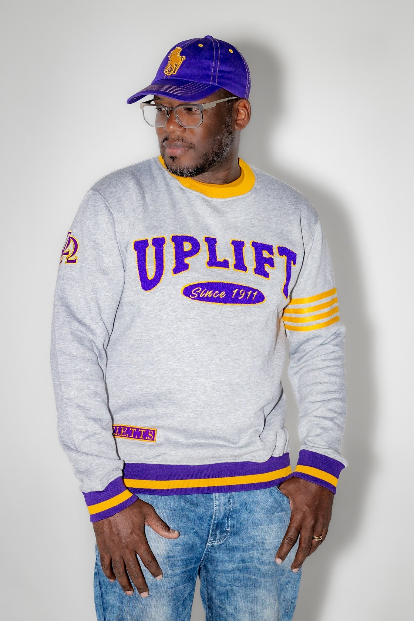 Omega Psi Phi "UPLIFT" Chenille Sweater Gray