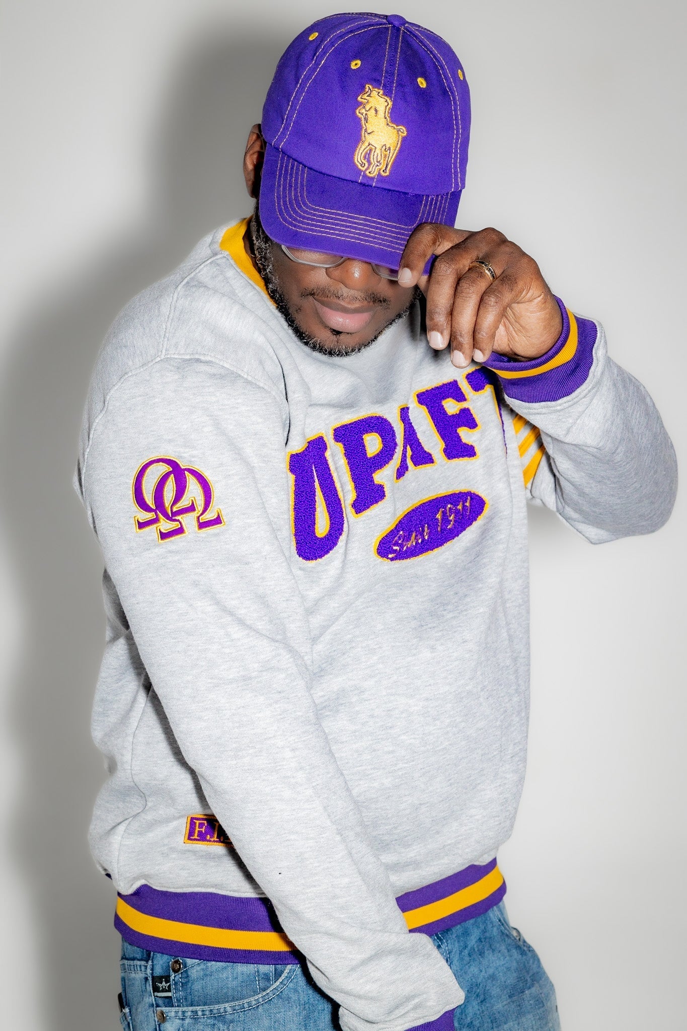 Omega Psi Phi "UPLIFT" Chenille Sweater Gray