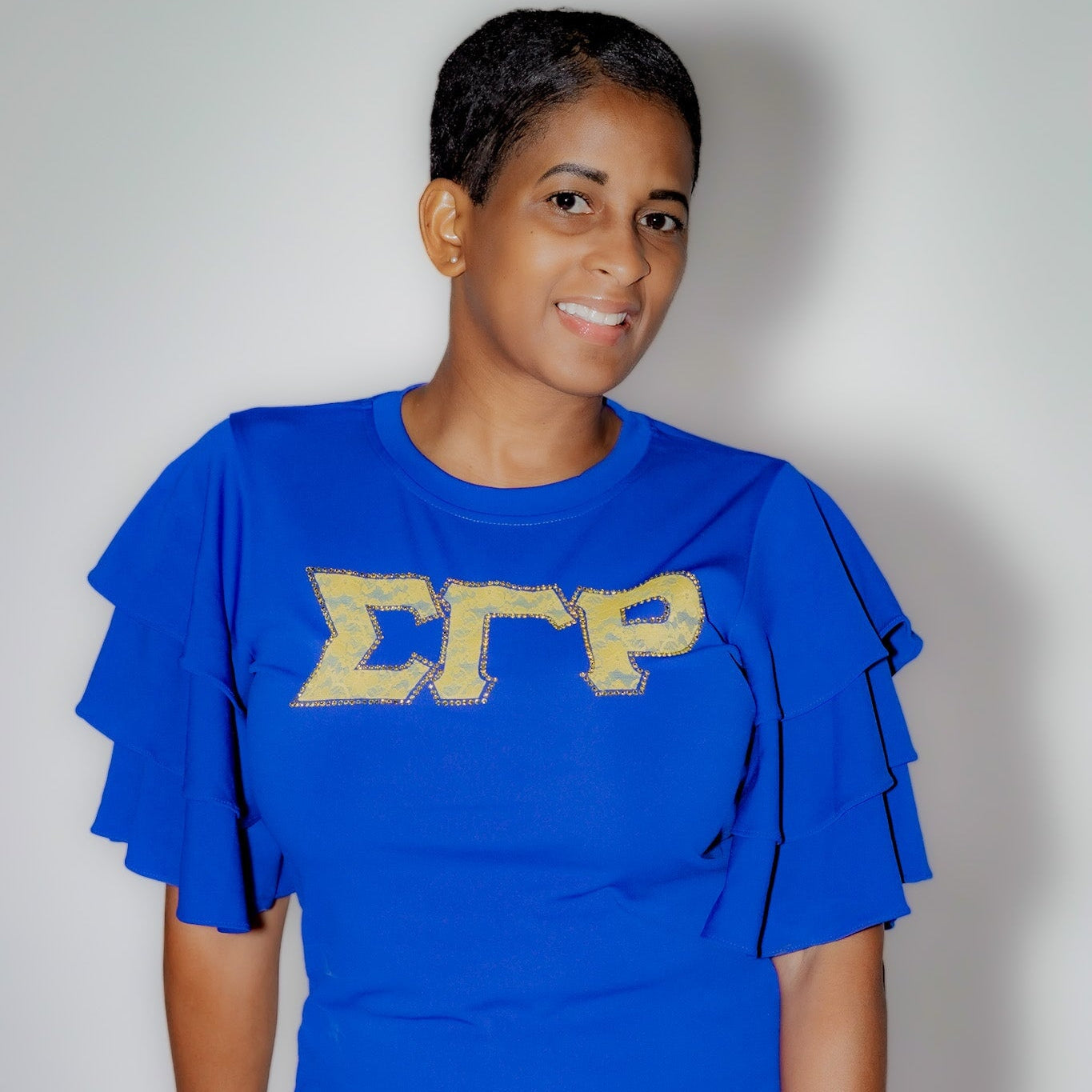 Sigma Gamma Rho Letters Blue Ruffle Blouse with Bling