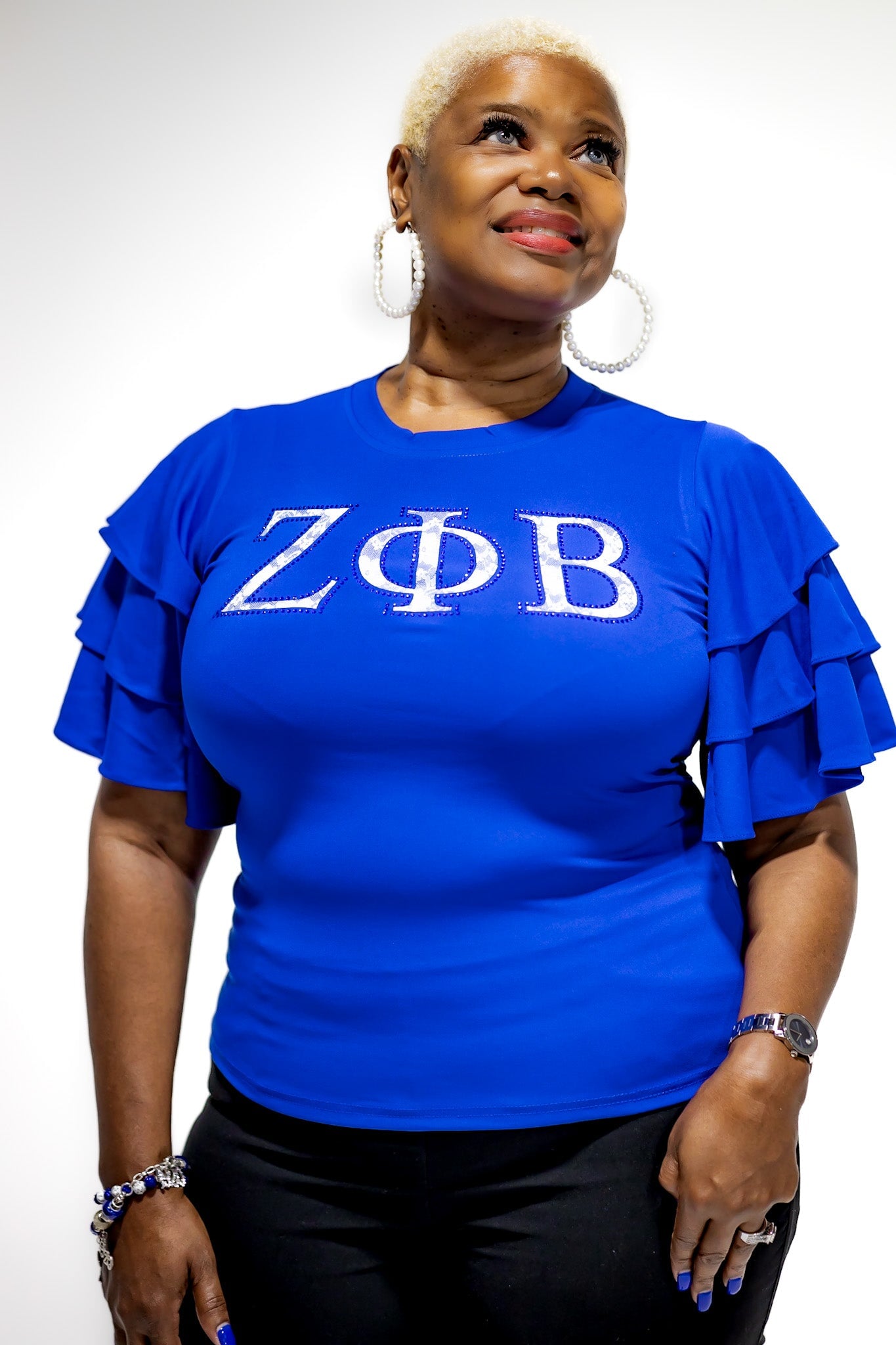 Zeta Phi Beta Letters Ruffle Blouse with Bling