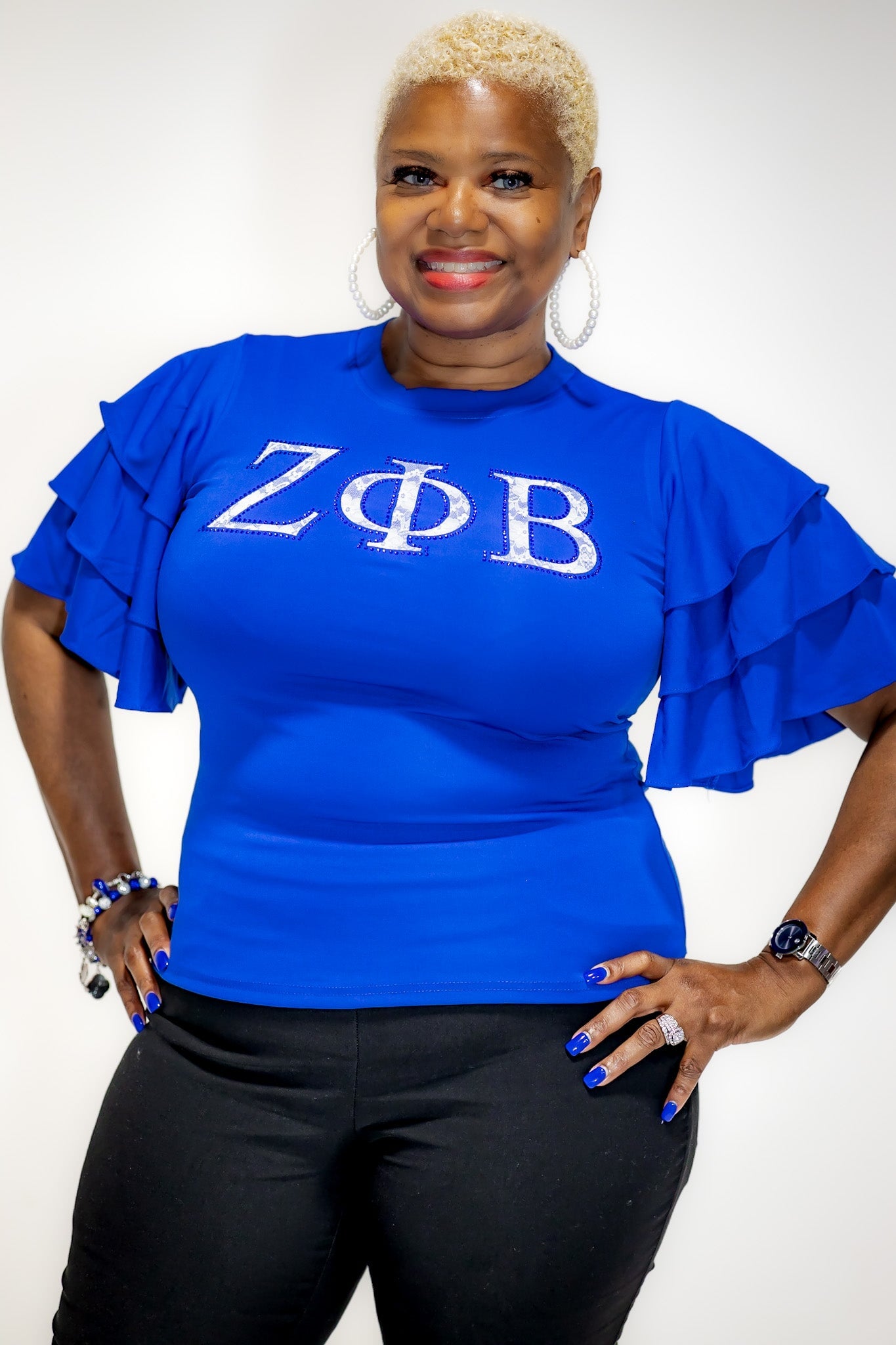 Zeta Phi Beta Letters Ruffle Blouse with Bling