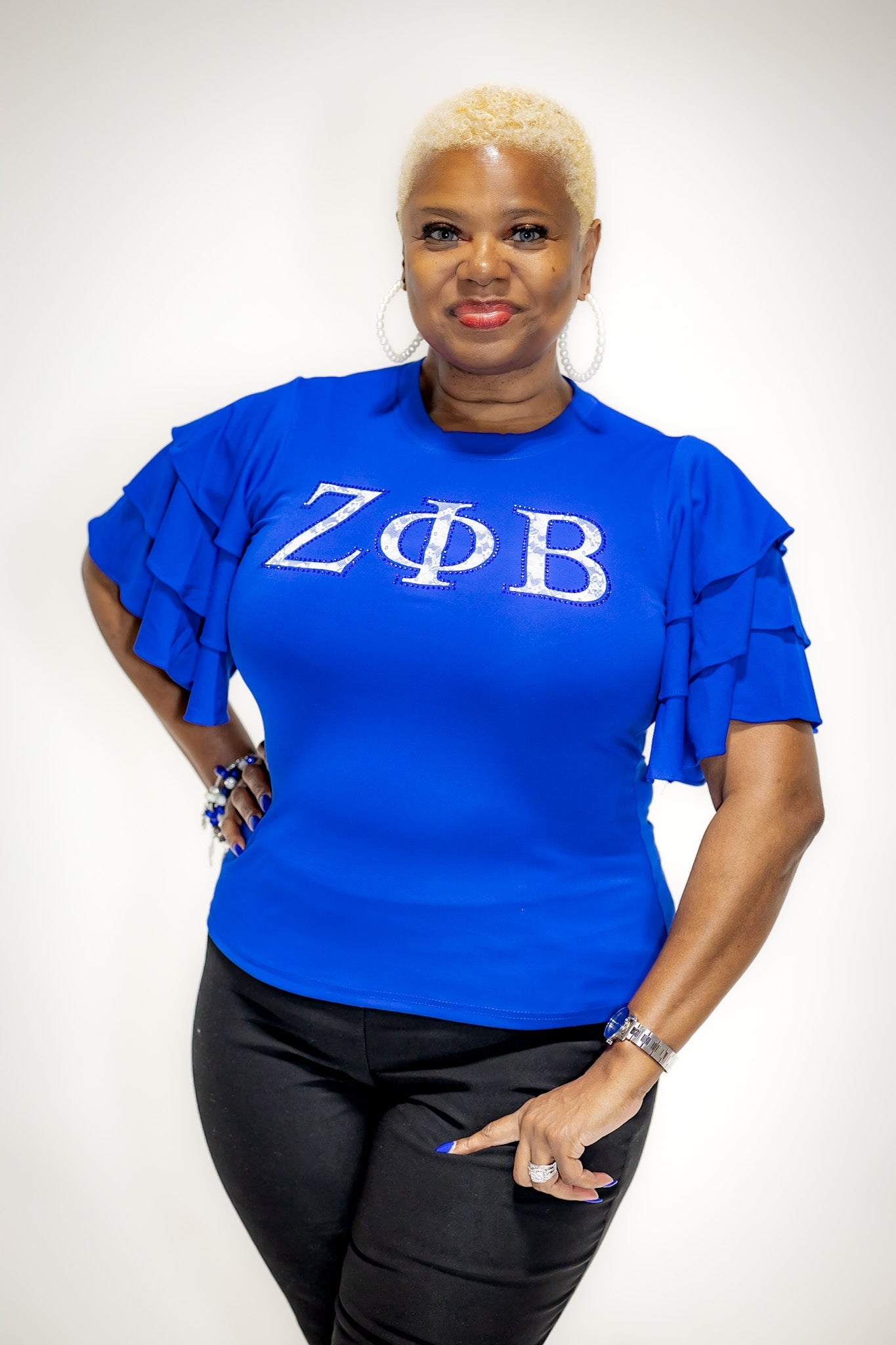Zeta Phi Beta Letters Ruffle Blouse with Bling