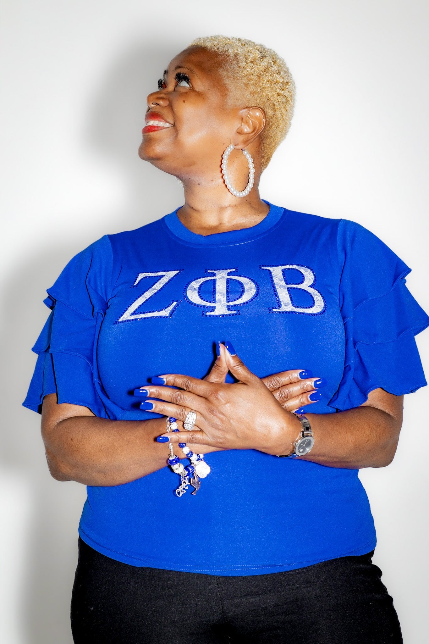 Zeta Phi Beta Letters Ruffle Blouse with Bling