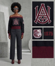Alabama A&M University Embroidered Patch Off-Shoulder Cropped Sweatshirt Black