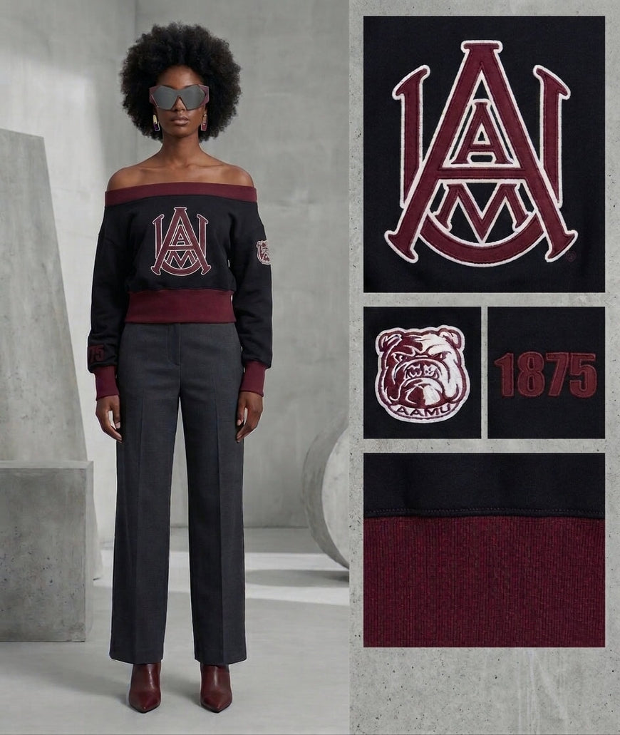 Alabama A&M University Embroidered Patch Off-Shoulder Cropped Sweatshirt Black Winters Industries 