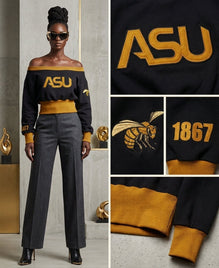 Alabama State University Embroidered Patch Off-Shoulder Cropped Sweatshirt Black
