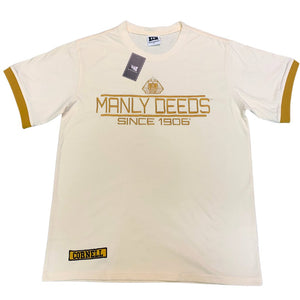 Alpha Phi Alpha "MANLY DEEDS" Embroidered Tee Cream Winters Industries by Fully Promoted Mesquite 