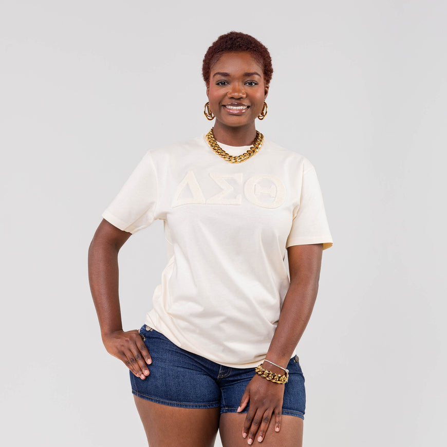 Delta Sigma Theta Cream on Cream Letters Brush Embroidery Tee Winters Industries 