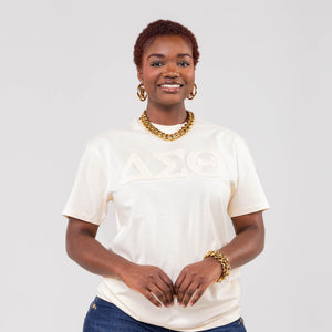 Delta Sigma Theta Cream on Cream Letters Brush Embroidery Tee Winters Industries 