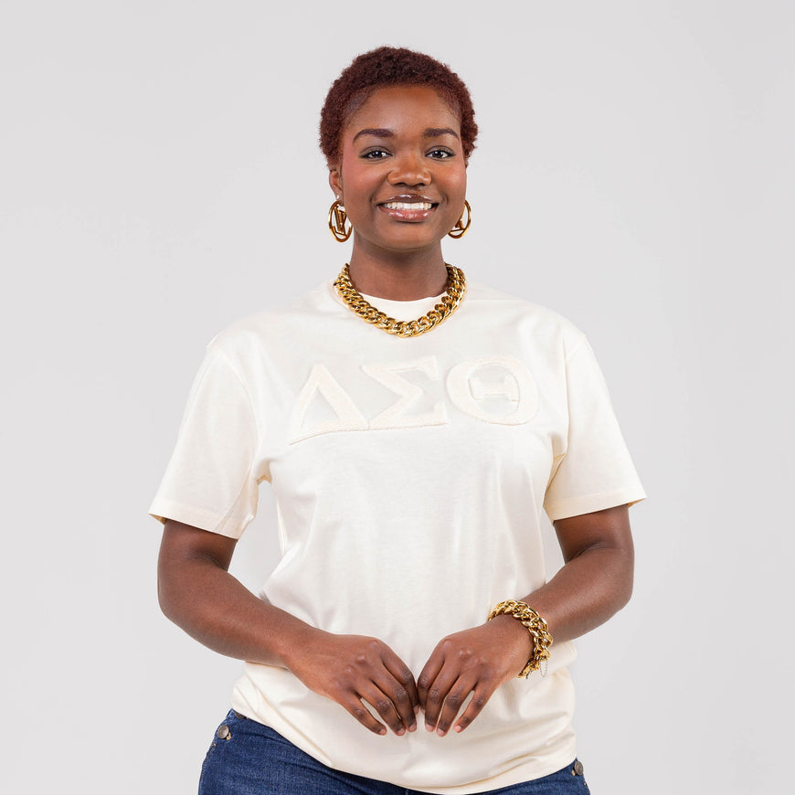 Delta Sigma Theta Cream on Cream Letters Brush Embroidery Tee Winters Industries 