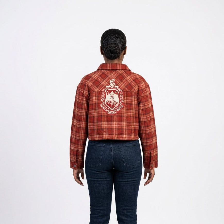 Delta Sigma Theta Cropped Crimson and Cream Plaid Shirt Jacket Winters Industries 