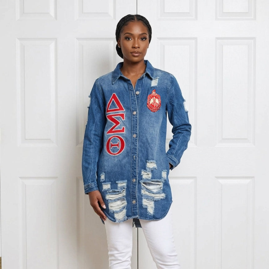 Delta Sigma Theta Embroidered Distressed Denim Jacket Winters Industries 