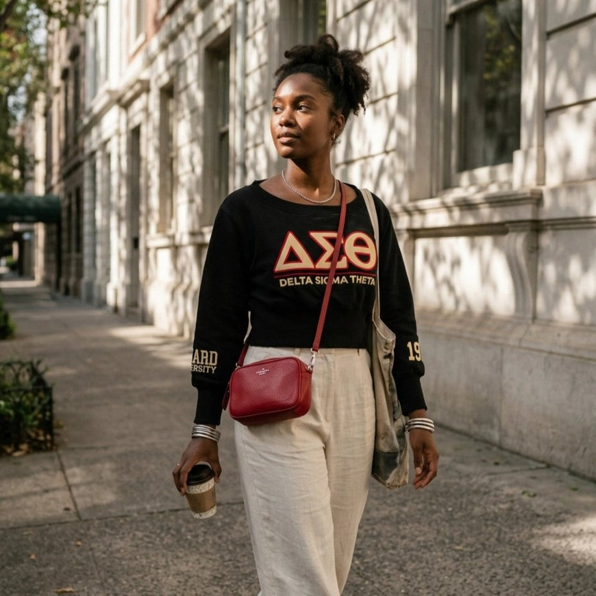Delta Sigma Theta Embroidered Patch Off-Shoulder Cropped Sweatshirt Black Winters Industries 