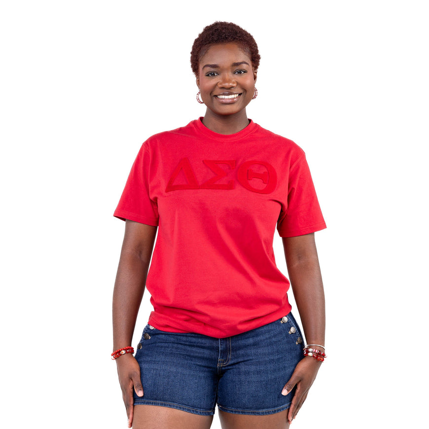 Delta Sigma Theta Red on Red Letters Brush Embroidery Tee Winters Industries 