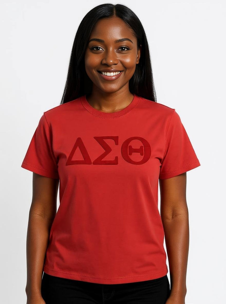 Delta Sigma Theta Red on Red Letters Brush Embroidery Tee Winters Industries 