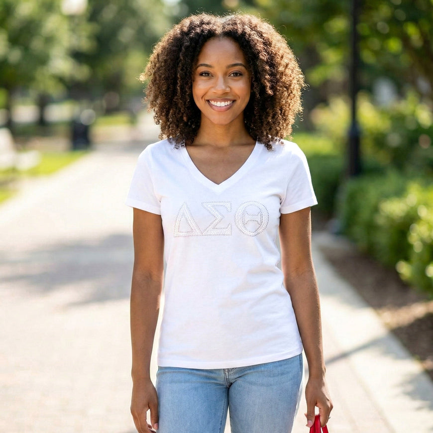 Delta Sigma Theta White Lace Letters White Tee/Sweatshirt WintersIndustries by Fully Promoted Mesquite Small V-Neck 