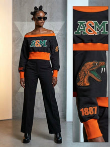Florida A&M Embroidered Patch Off-Shoulder Cropped Sweatshirt Black