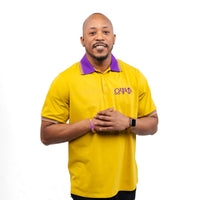 Gold Omega Psi Phi polo with purple collar Winters Industries 