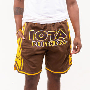 Iota Phi Theta Embroidered Brown Shorts with Gold Stripes Shorts Winters Industries 