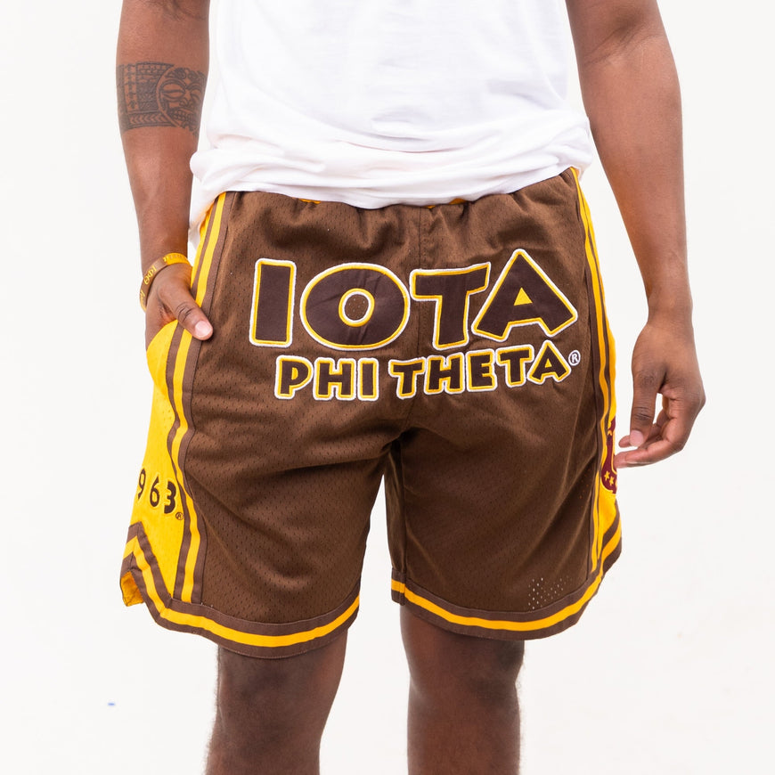 Iota Phi Theta Embroidered Brown Shorts with Gold Stripes Shorts Winters Industries 