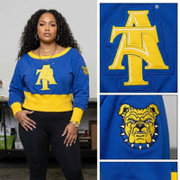 North Carolina A&T State University Embroidered Patch Off-Shoulder Cropped Sweatshirt Winters Industries 