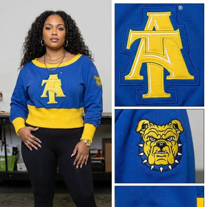 North Carolina A&T State University Embroidered Patch Off-Shoulder Cropped Sweatshirt Winters Industries 