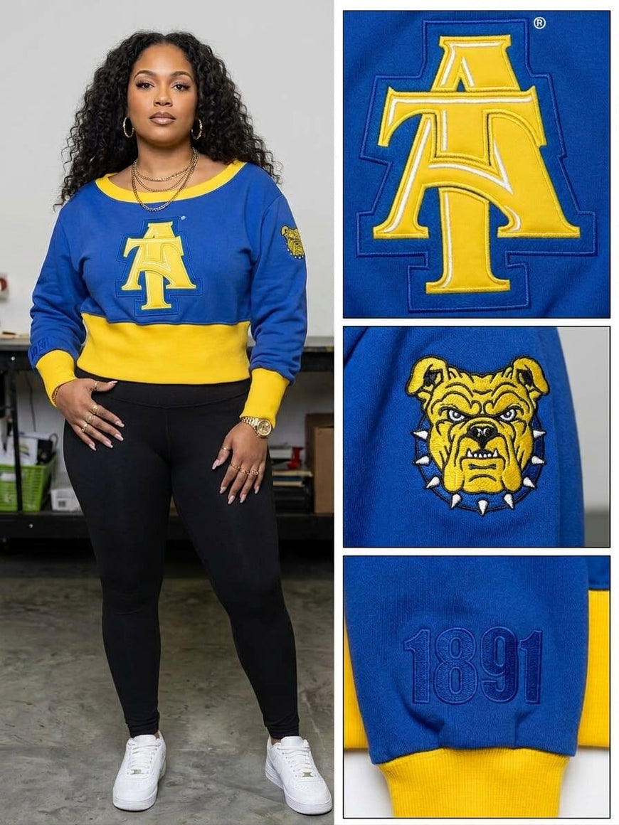 North Carolina A&T State University Embroidered Patch Off-Shoulder Cropped Sweatshirt Winters Industries 