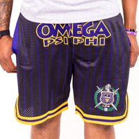 Omega Psi Phi Embroidered Black Shorts with Purple and Gold Stripes Shorts Winters Industries 