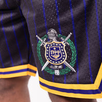 Omega Psi Phi Embroidered Black Shorts with Purple and Gold Stripes Shorts Winters Industries 