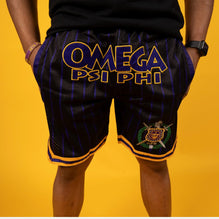 Omega Psi Phi Embroidered Black Shorts with Purple and Gold Stripes