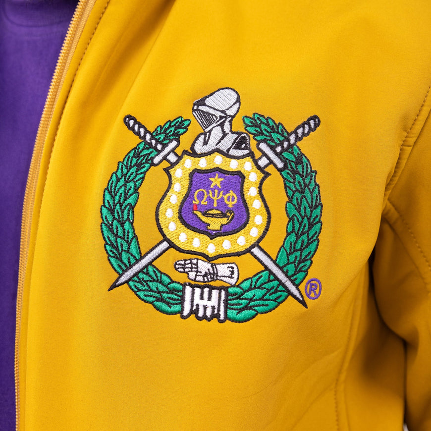 Omega Psi Phi Gold Jacket with Purple and Gold Stripes